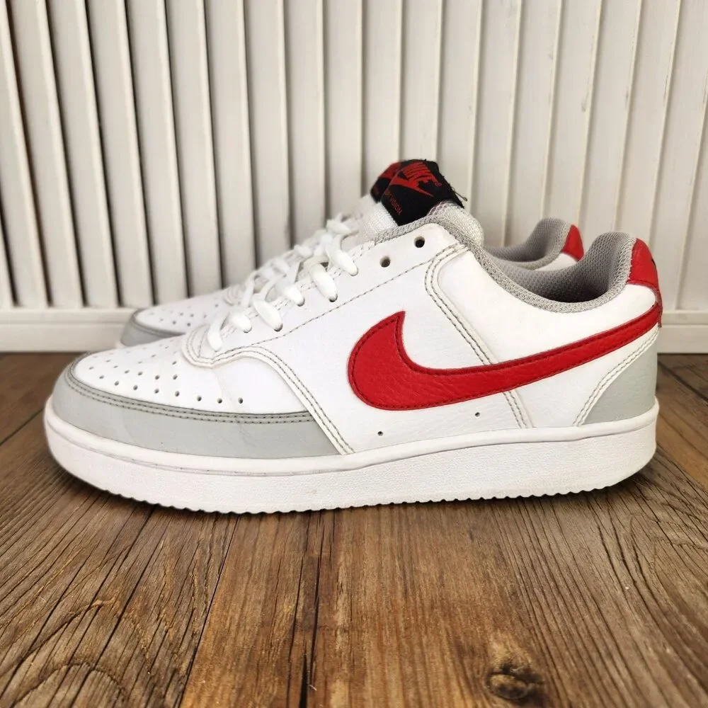 Nike Court Vision Lo Womens 6.5 White Gray Red Leather Sneakers Shoes FD0284-100